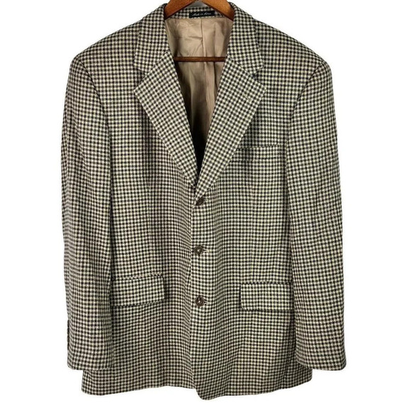 Club Room Pantex Silk Wool Blend Mens 42R Blazer Jacket Coat Brown Blue Gingham - Picture 1 of 11